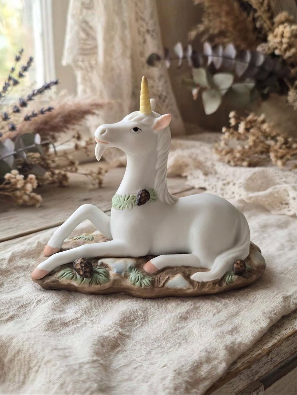 Vintage 1983 Enesco Winter Pinecone Unicorn Figurine